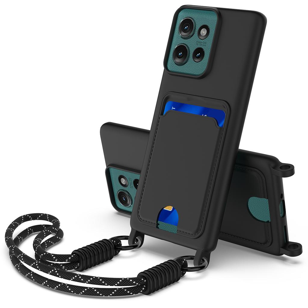 Для Motorola Edge 50 5G Чехол из жидкого силикона Задняя крышка телефона с держателем для карт и коротким ремешком