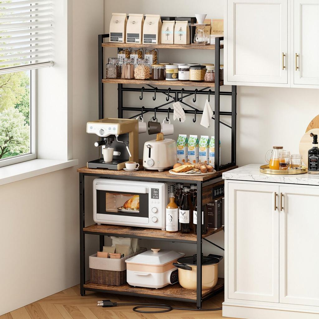Kitchen Bakers Rack, 1.5m Power Cable Bakers Rack with Power Outlet, Kitchen Stand with X-Shaped Support Bar, 12 S-Shaped Hooks, Coffee Bar Stand for
