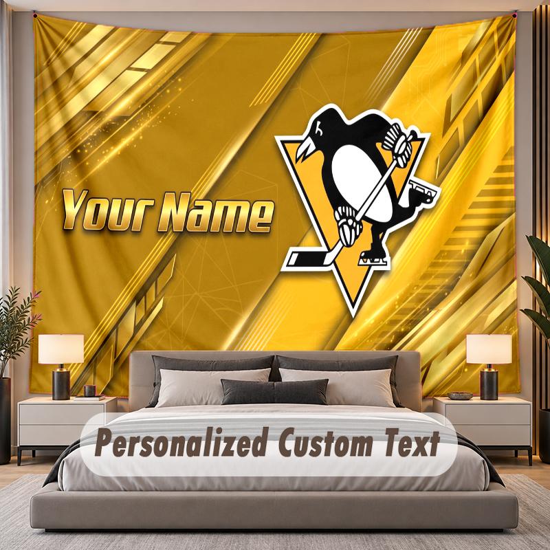 Custom Name Text Tapestry Pittsburgh Penguins Personalized Polyester Wall Tapestry For Bedroom And Room