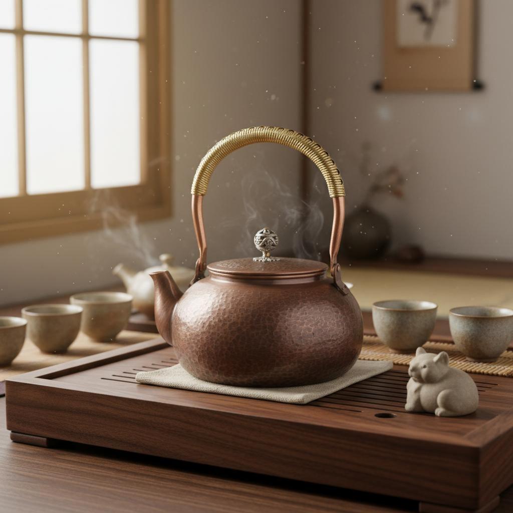 Hammered Copper Teapot Decorative Handmade Copper Kettle Vintage Design Tea Kettle Long-Lasting Stovetop Cookware Wrapped Handle
