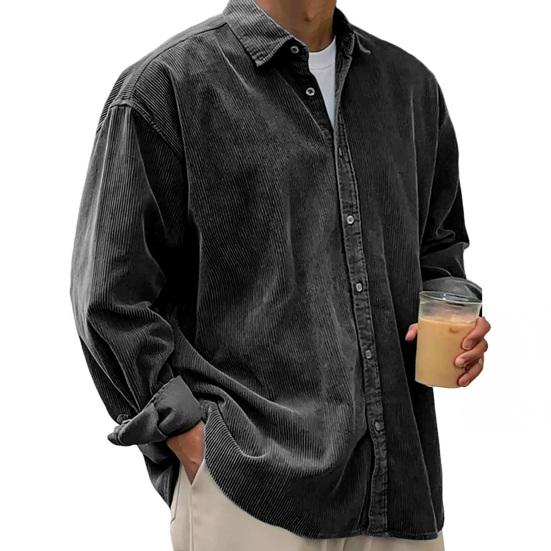 Мужская вельветовая рубашка на пуговицах с длинным рукавом и лацканами, классическая однотонная свободная повседневная рубашка-куртка для работы, свиданий, уличной одежды