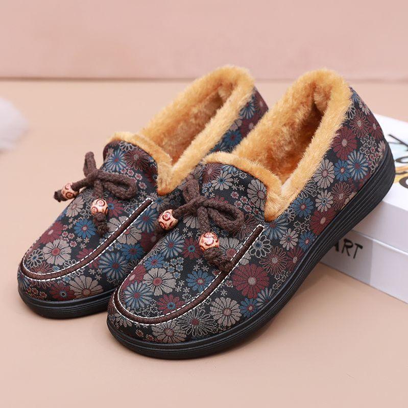 Зимняя обувь из ткани, женская обувь из хлопка, обувь на плоской подошве для людей среднего и пожилого возраста с плюшевым утеплителем и нескользящие хлопковые ботинки