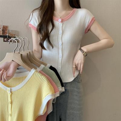 Трикотажная рубашка с короткими рукавами Retro Collision Color Ice Silk Flying для женщин, летний стиль, утягивающий дизайн, нишевый кардиган