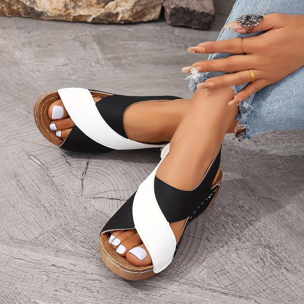 Women's Contrast Color Wedge Sandals, Peep Toe Slingback Soft Sole Shoes, Comfy Outdoor Summer Sandals