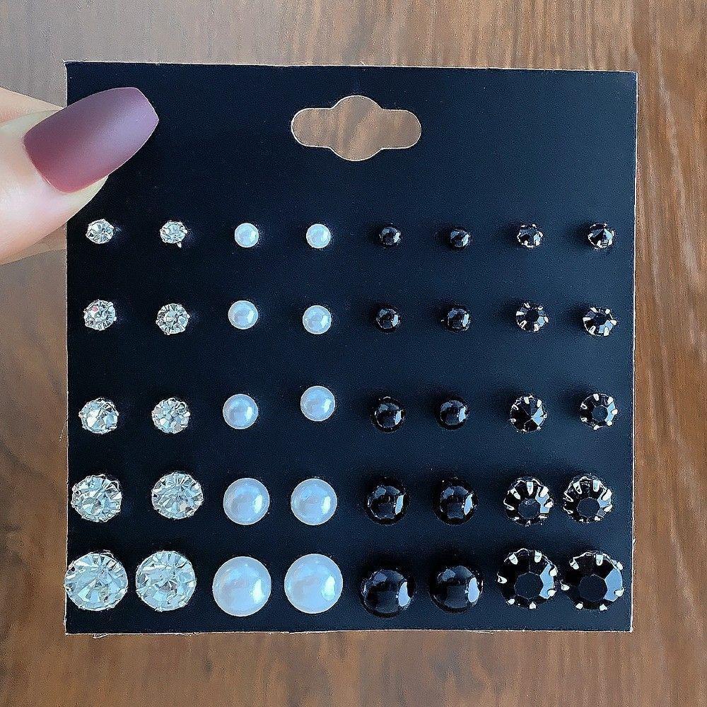 12-Piece Retro Pearl Stud Earring Set: European & American Minimalist Three-Color Collection