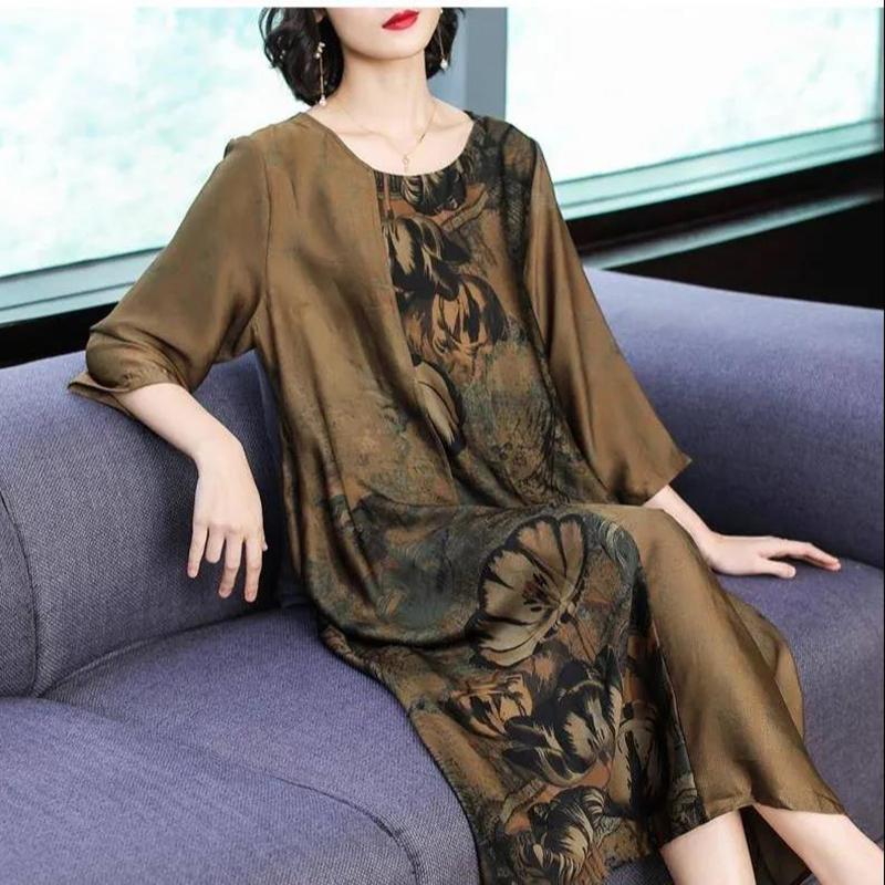 Женское летнее платье L-XXXXXL в китайском стиле для среднего возраста с рукавом 3/4 и круглым вырезом с принтом длиной до икры Повседневная одежда Домашняя одежда