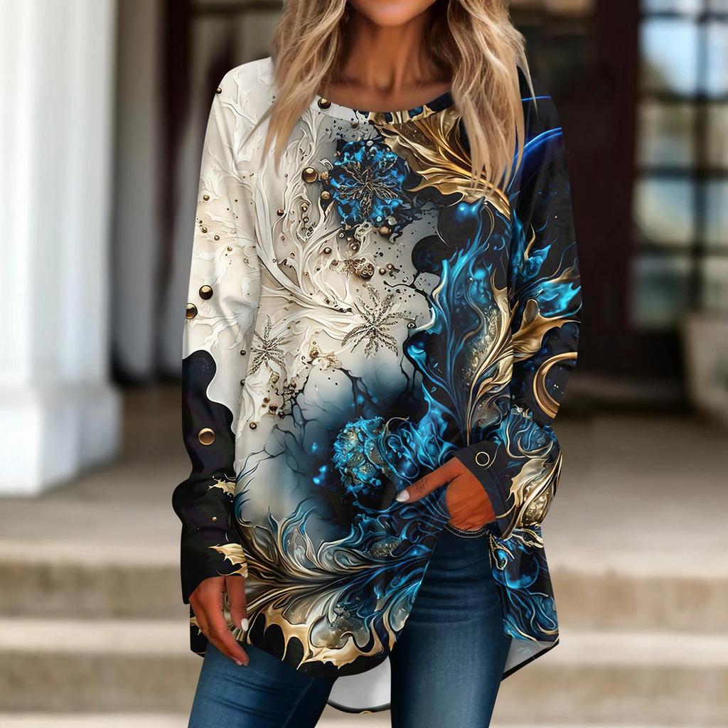 Женская повседневная футболка больших размеров с длинными рукавами и круглым принтом, верхний пуловер