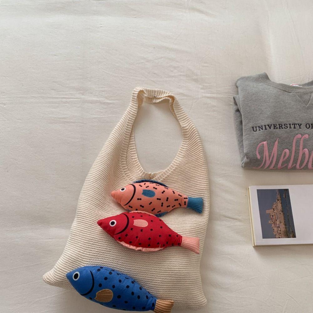 Leisure Summer Weave Knitted Bag Cotton Ethnic Style Hollow Out Knitted Bag Large Capacity Fashion Fish Shoulder Bag Women