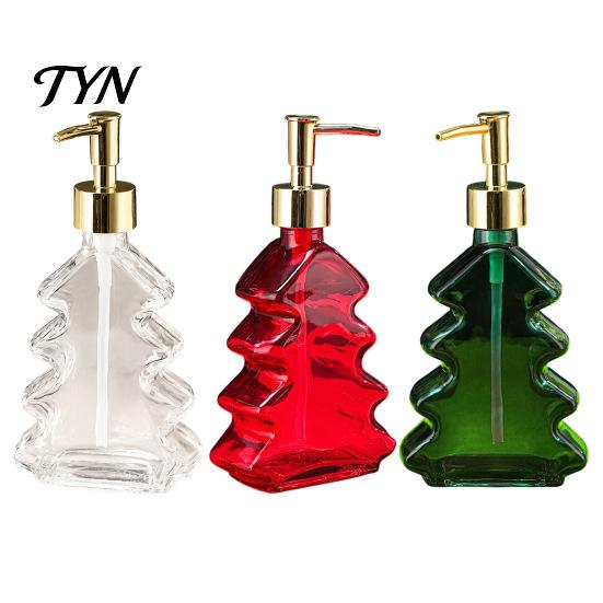 Clear Glass Soap Pump 300ml Christmas Tree Dispenser, Hand Dish Dispenser with Pump, Xmas Theme Home Decor Decorative Empty Bottle for Soap, Kitchen,