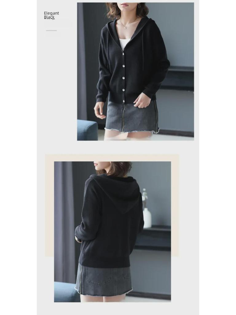 Женский вязаный кардиган с капюшоном — короткий и свободный для ранней весны/осени 2024 г.