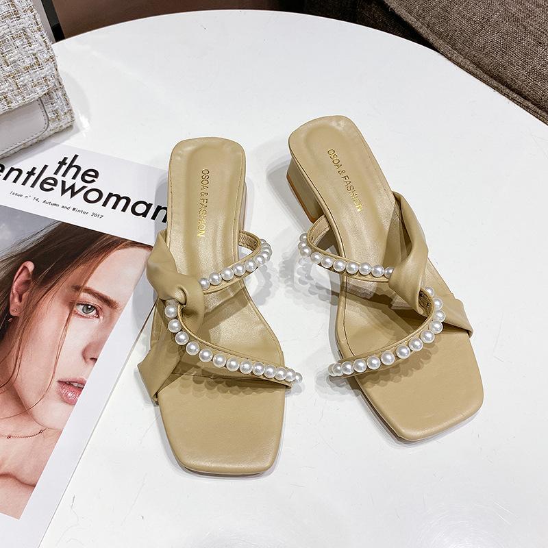 Sandals Summer 2025 Pearl Low-heeled Slippers Thick-heeled Versatile Fairy Wind Summer One-word Thick-heeled Sandals
