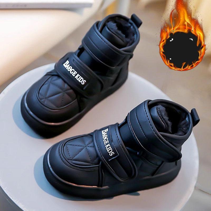 Зимние детские плюшевые ботинки для мальчиков и девочек, кожаные плюшевые теплые зимние ботинки, мягкая подошва на шнурке, детская хлопковая обувь