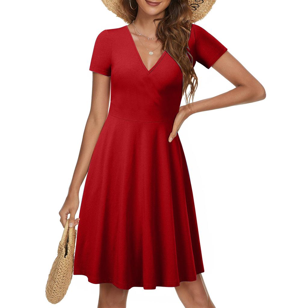 Женское повседневное модное однотонное платье трапециевидной формы с перекрестным v-образным вырезом и короткими рукавами и талией, большое свободное платье
