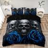 Fashion Blue Rose Skull Print Duvet Cover Soft Comfortable Bedding Set For Bedroom (1*Duvet Cover+2*Pillowcase) For Halloween