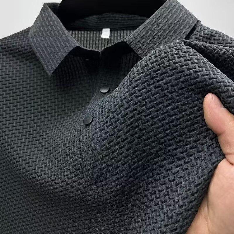 Мужская высококачественная футболка-поло с коротким рукавом из ледяного шелка с отложным воротником - однотонная, прохладная и дышащая