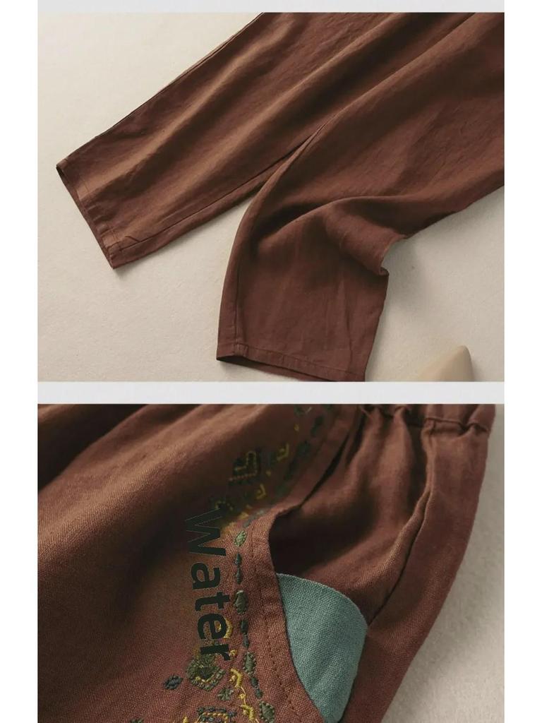 Женские брюки-морковки из хлопка и льна с вышивкой в стиле ретро 2024 года: Повседневный свободный фасон в стиле «шаровары» для весны, лета и осени.