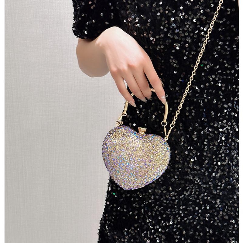 Luxury Diamond Heart Shape Clutch Evening Bag Shiny Crystal Handbag Wedding Dress Party Top-Handle Shoulder Bag Rhinestone