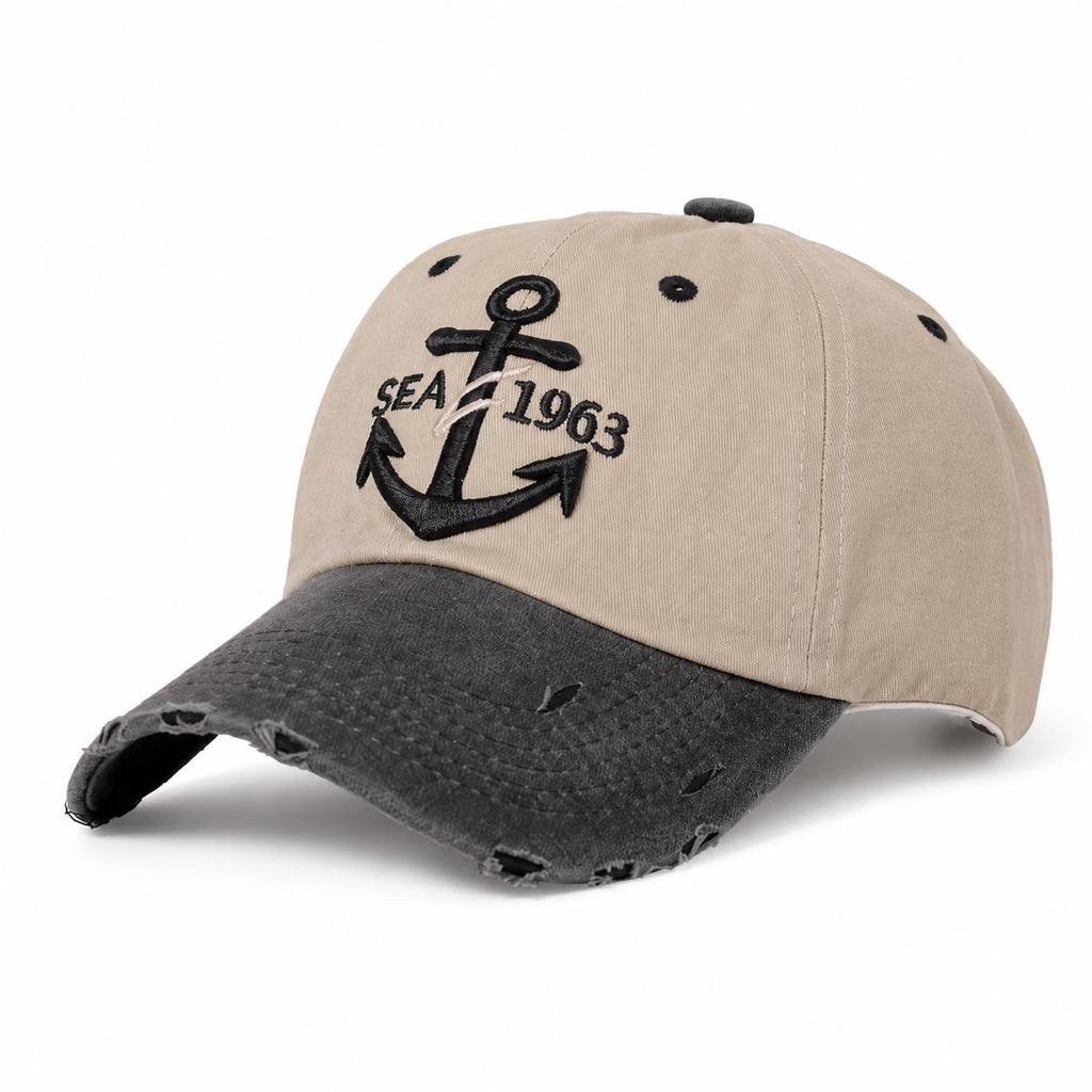 Unisex Distressed Color Block Anchor Baseball Cap - Sun Protection for Spring & Summer