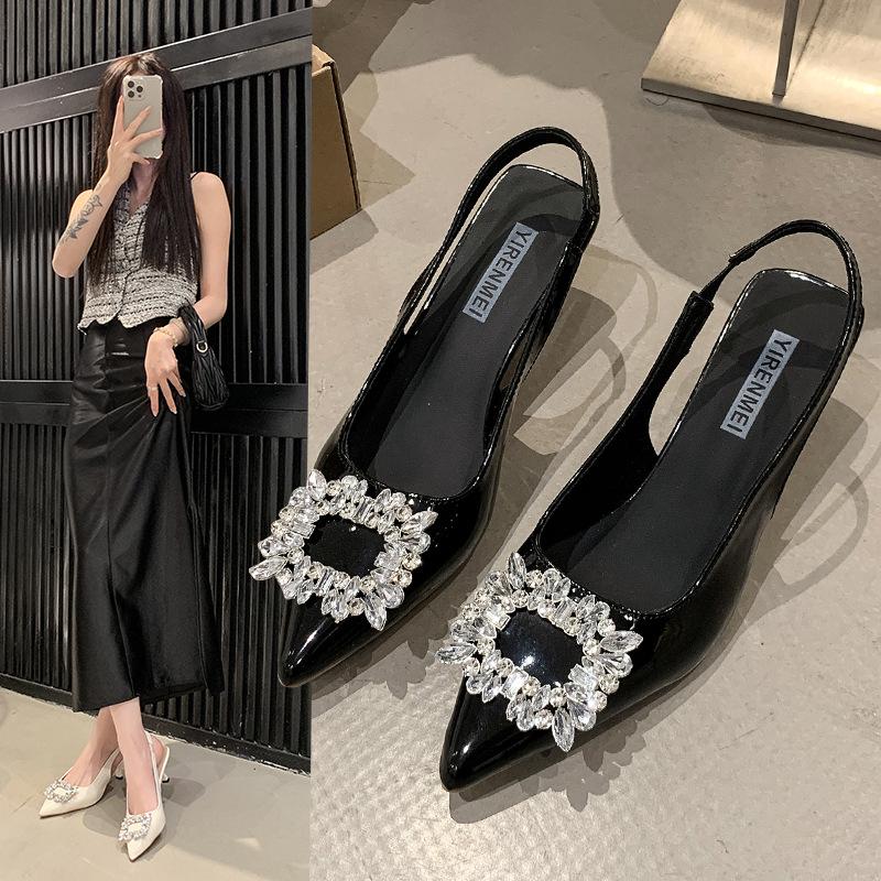 High Heels Women's Summer 2025 New European and American Fashion Pointed Rhinestone Square Buckle Thin Heel Bag Head Fashion Sandals Women
