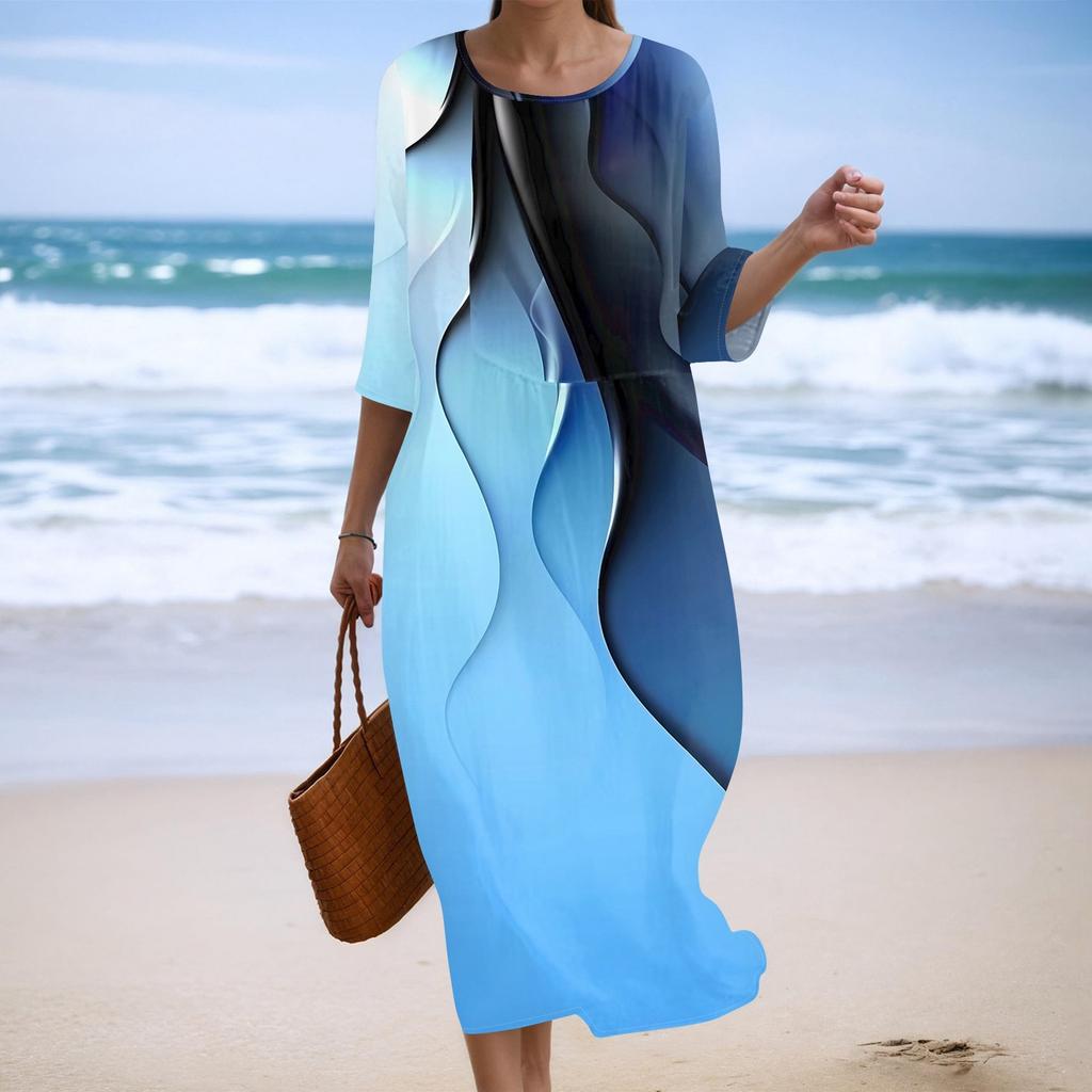 Женское модное платье свободного кроя с принтом, круглым вырезом и рукавом три четверти