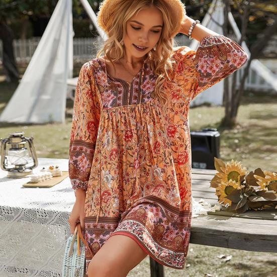 Summer Women Dress Bohemian Style Floral Print V Neck Lace-up Drawstring Long Sleeves Patchwork