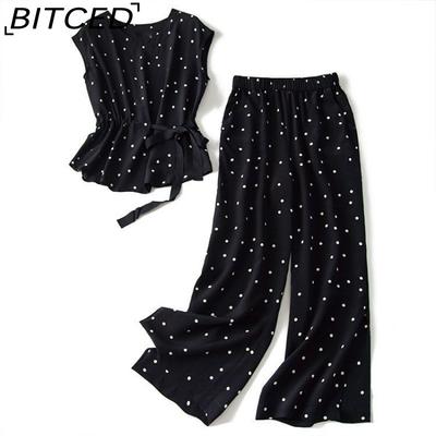 Летний модный комплект из двух предметов из шифона, утягивающий талию, утягивающий, топ в горошек и широкие брюки