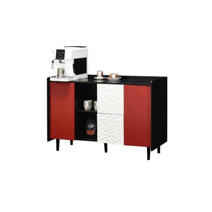 Armoire de rangement noire avec portes rouges, dotée de deux tiroirs au style unique et de deux compartiments de rangement ouverts.