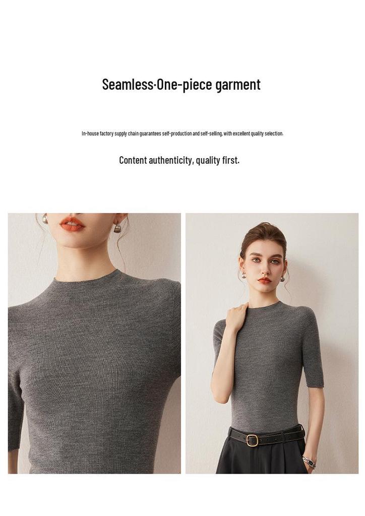Women's 100% Merino Wool Slim Fit Sweater, 60 Count, Half-High Neck, Elegant Style, Thin Base Layer, Short Knitwear