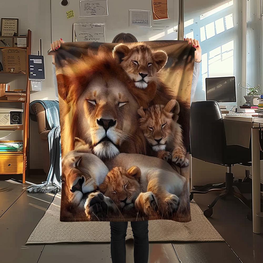1 шт. Фланелевое одеяло с 3D-принтом льва, Высококачественное, Удобное для всех сезонов, Декор для дома, Тепло и уют, Идеально для рождественских подарков