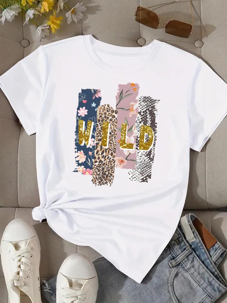 (Asian Size) letter leopard 90s Tee Top Clothing T Shirt Women Fashion Woman Print Female Short Sleeve Graphic T-shirts