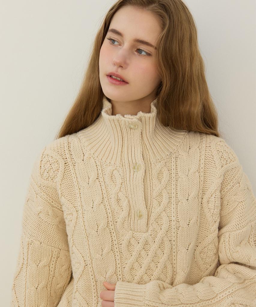 NONLOCAL Mixed Cable High Neck Open Collar Knit - Ivory
