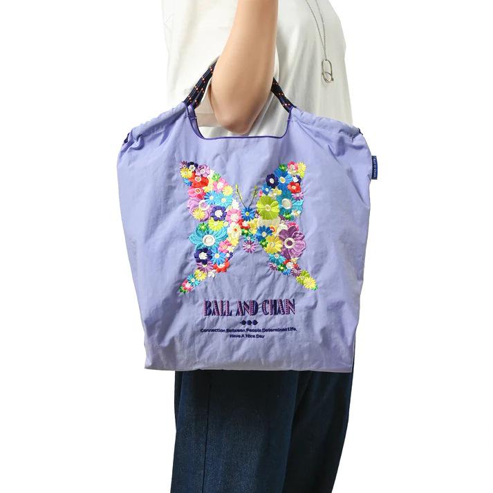Eco-Friendly Embroidered Nylon Shopping Bag with Butterfly and Flower Designs, Convertible Hand-Held/Shoulder Style.