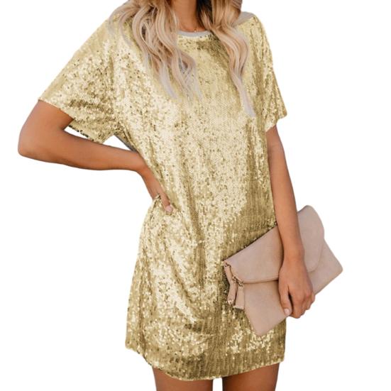 Женское летнее миди-платье с пайетками, повседневное платье-футболка с коротким рукавом и круглым вырезом