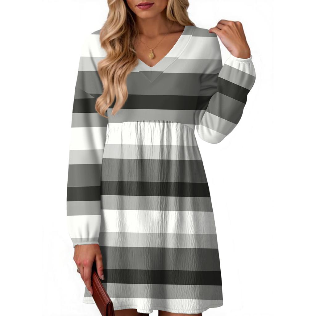 Женское модное платье в полоску с V-образным вырезом и длинными рукавами