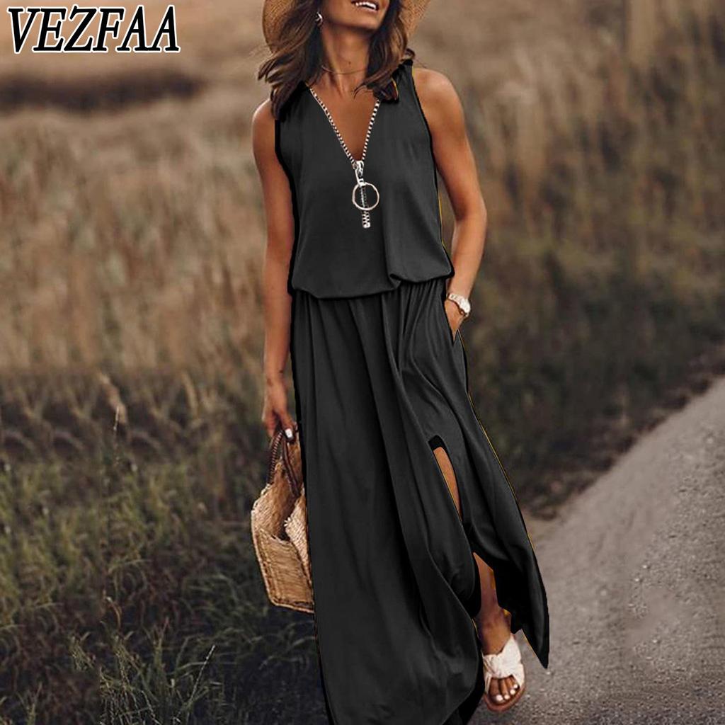 VEZFAA Женская мода лето весна без рукавов V-образный вырез свободная талия повседневные платья