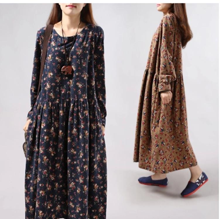 Women Print Floral Dress Spring Korean Fashion Women Long Sleeve Casual O-Neck Mori Girl Dress