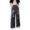 2024 American Retro Black Distressed Wide-Leg Denim Jeans