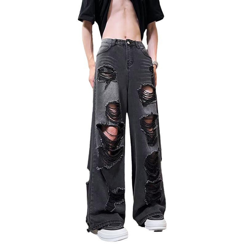 2024 American Retro Black Distressed Wide-Leg Denim Jeans