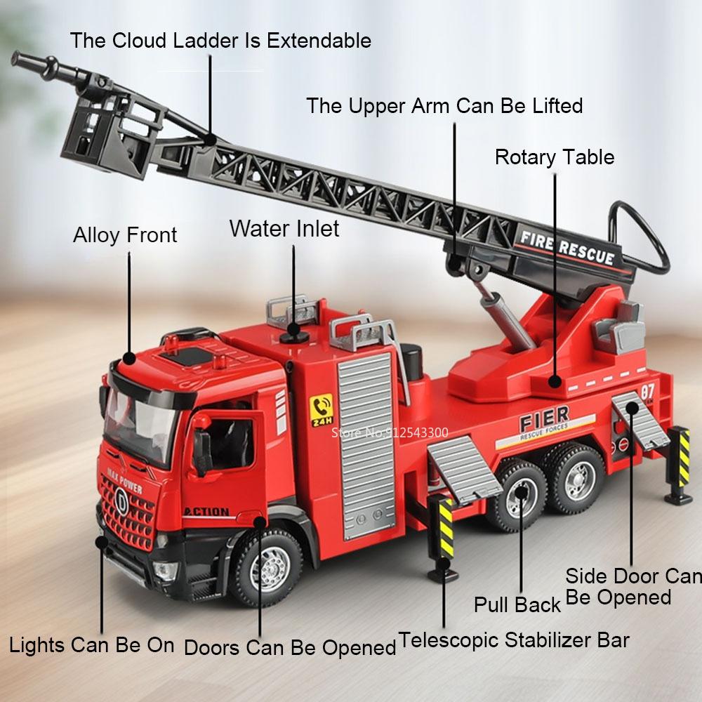 1:32 Scale Fire Truck Concrete Pump Car Model Toy Alloy Diecast Light Music Water Spray Rescue Cars Models Gifts for Children