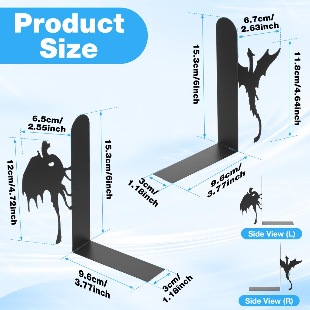 2 Pcs Dragon/Cat Bookend Metal Book Holder Rust Resistant Stable Support Book Holders Documents Storage Bookends for Home Office