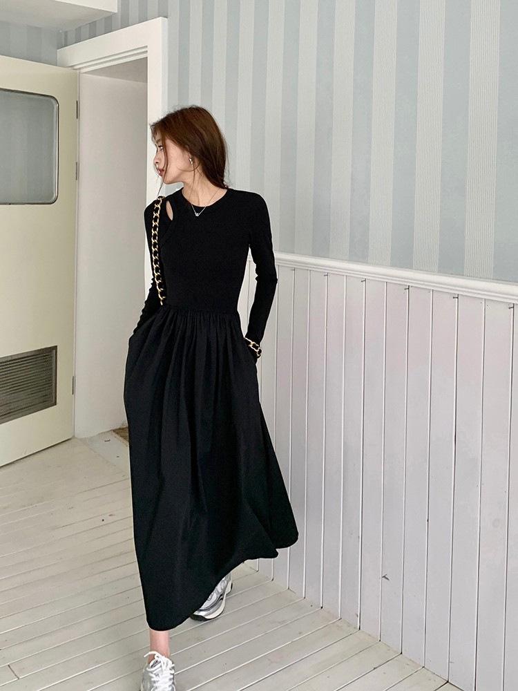 Hepburn-Style Hollow Long-Sleeve Slim Fit Dress - Autumn/Winter 2024