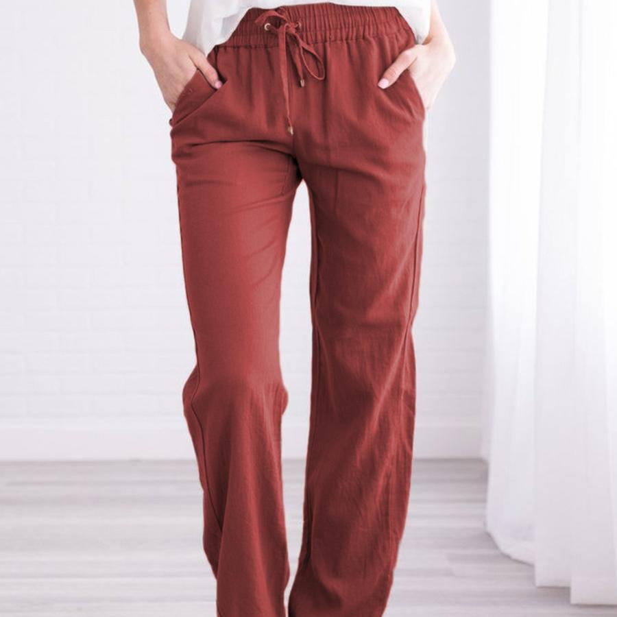 Solid Color Cotton Hemp Drawstring Loose Casual Wide Leg Trousers