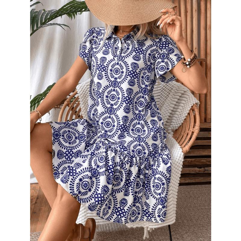 Женское платье с короткими рукавами и цветочным принтом «Лепестки цветов», воротником-стойкой и оборками по подолу