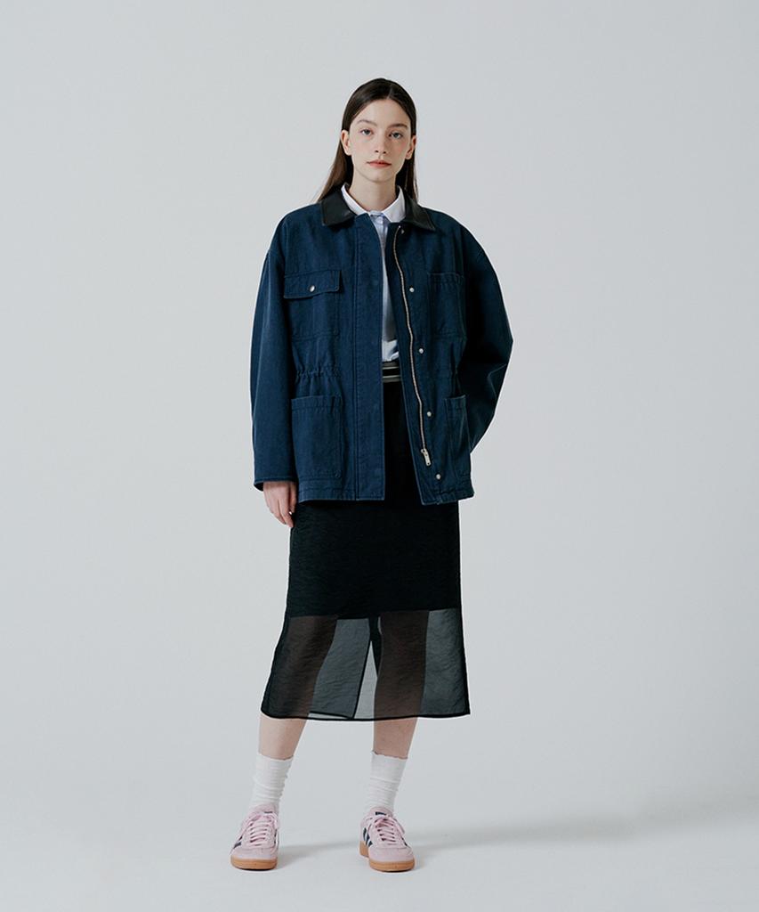 Pinblack Leather Collar Hunting Jacket Navy