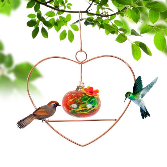 Heart-Shaped Hummingbird Feeder Hanging Water Feeder with Perch Colorful Glass Bottle Wire Frame Hummingbird Feeder for Porch Yard Garden Outdoor