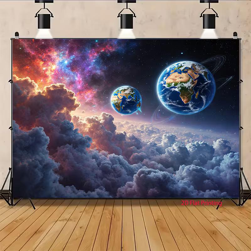2D Cosmic Galaxy Sky Astronaut Space Theme Kids Birthday Photography Backdrop Decor