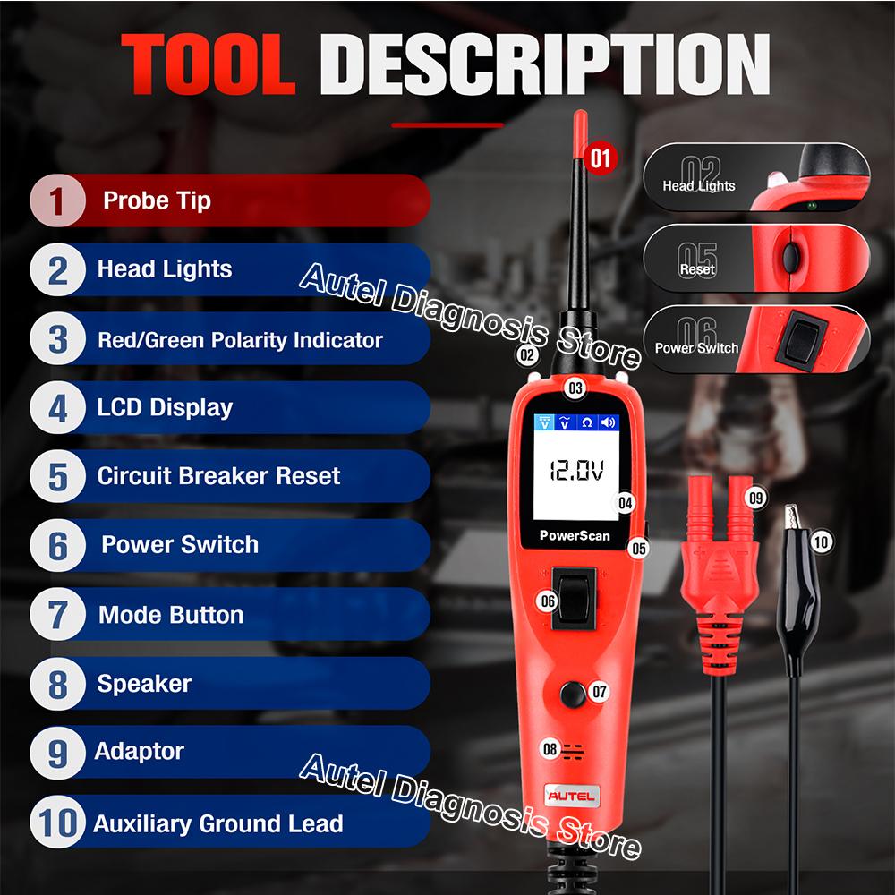 Autel PowerScan PS100 Тестер-щуп для проверки цепей питания 12В 24В Цифровой вольтметр Автомобильный тестер цепей Диагностический инструмент для автомобиля