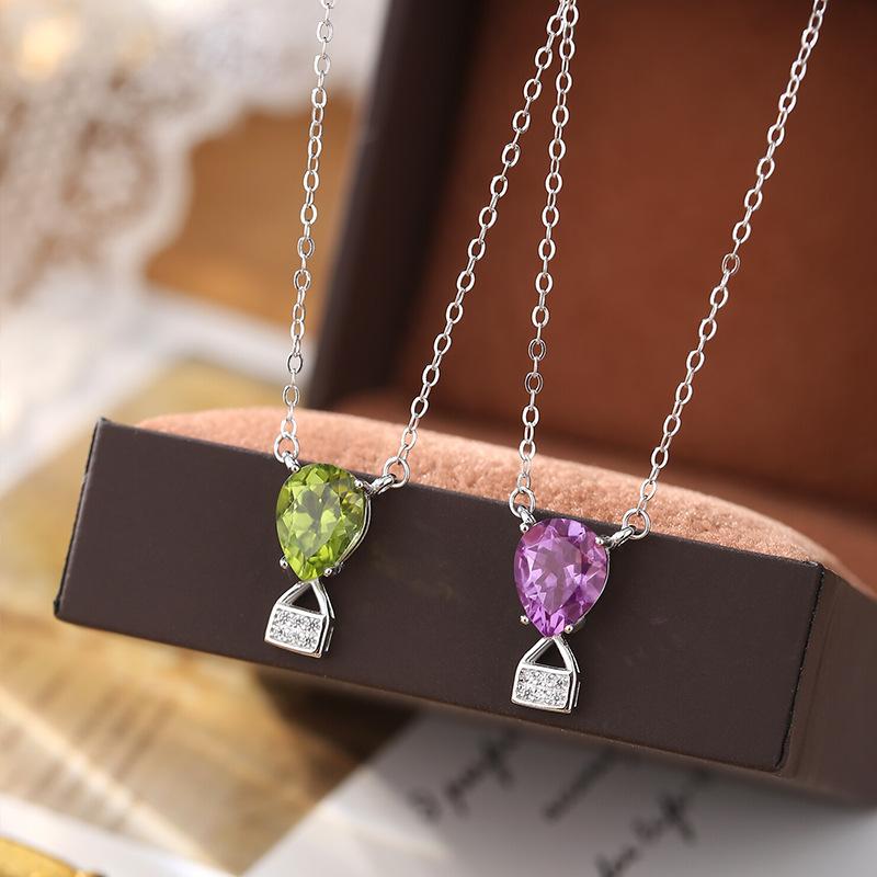 S925 silver texture water drop lock head natural crystal necklace niche high sense versatile non-fading girls collarbone chain jewelry gift