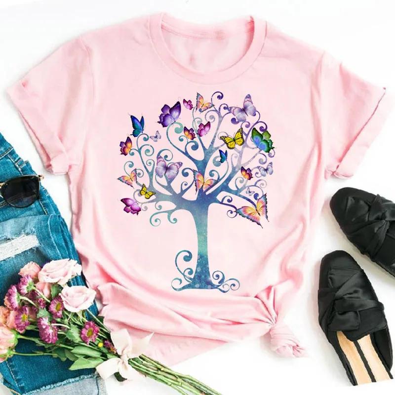 Unisexs Colorful Butterfly Petal Print Tshirt Short Sleeve Round Neck Cute Graphic Tee Shirts Female Tops Clothes
