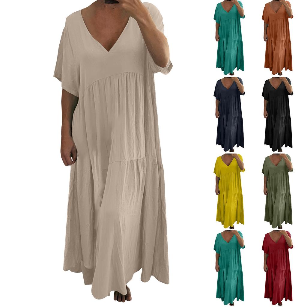 Women's Fashion V-Neck Color Loose Long Big Swing Short Sleeve Dresses